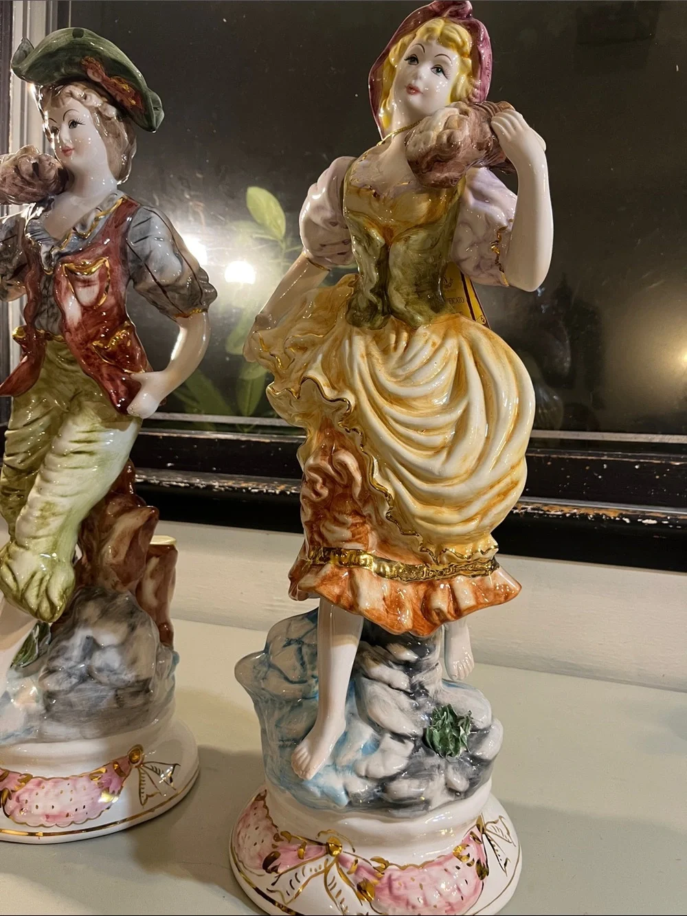 Decorative Porcelain Figurine Pair in Green and Yellow